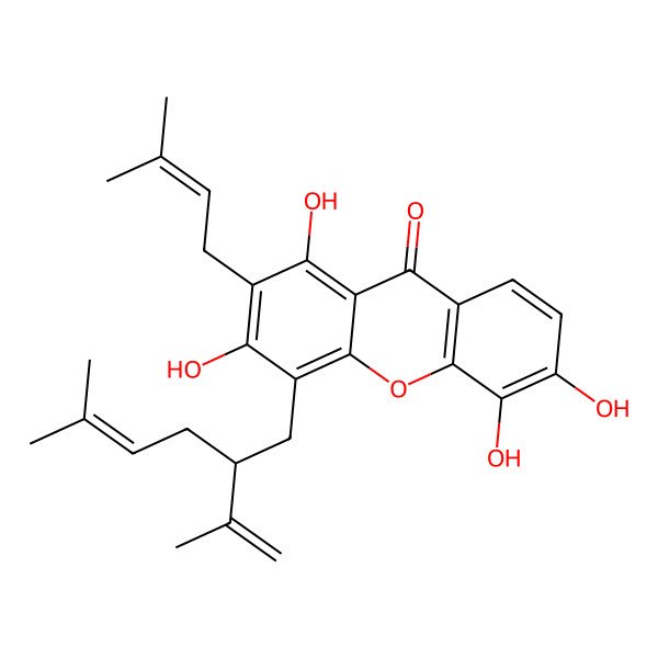 2D Structure of 1,3,5,6-tetrahydroxy-2-(3-methylbut-2-enyl)-4-[(2S)-5-methyl-2-prop-1-en-2-ylhex-4-enyl]xanthen-9-one