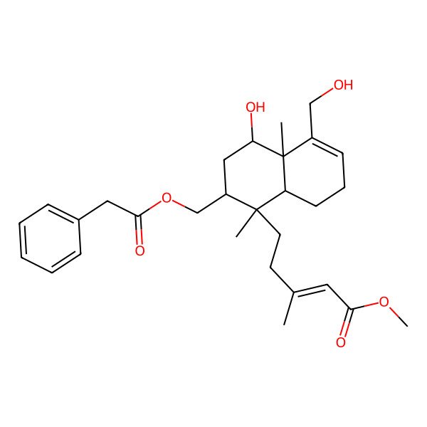 2D Structure of methyl (E)-5-[(1R,2R,4S,4aR,8aR)-4-hydroxy-5-(hydroxymethyl)-1,4a-dimethyl-2-[(2-phenylacetyl)oxymethyl]-2,3,4,7,8,8a-hexahydronaphthalen-1-yl]-3-methylpent-2-enoate