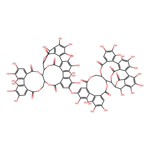 2D Structure of (1S,2R,20R,42S,46R)-7,8,9,12,13,14,26,27,30,31,32,35,36,37,46-pentadecahydroxy-25-[[(1S,2R,20S,42S,46R)-7,8,9,12,13,25,26,27,30,31,32,35,36,37,46-pentadecahydroxy-4,17,22,40,44-pentaoxo-3,18,21,41,43-pentaoxanonacyclo[27.13.3.138,42.02,20.05,10.011,16.023,28.033,45.034,39]hexatetraconta-5,7,9,11,13,15,23,25,27,29(45),30,32,34(39),35,37-pentadecaen-14-yl]oxy]-3,18,21,41,43-pentaoxanonacyclo[27.13.3.138,42.02,20.05,10.011,16.023,28.033,45.034,39]hexatetraconta-5,7,9,11,13,15,23,25,27,29(45),30,32,34(39),35,37-pentadecaene-4,17,22,40,44-pentone