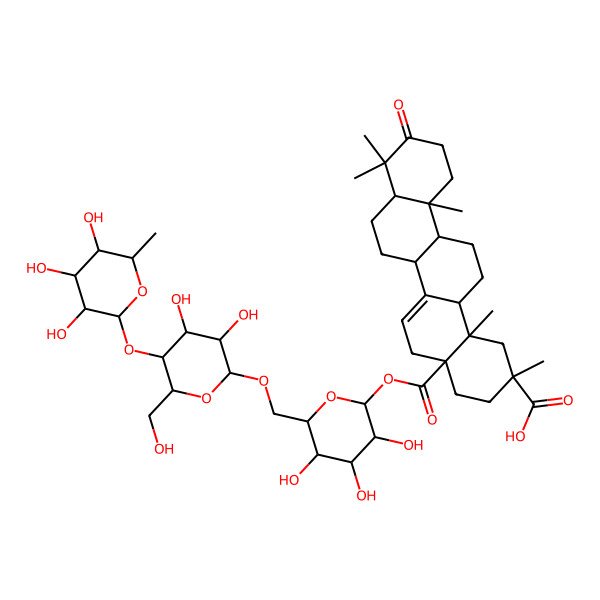 2D Structure of (2R,4aS,6aS,6bR,8aR,12aR,14aS,14bS)-4a-[(2S,3R,4S,5S,6R)-6-[[(2R,3R,4R,5S,6R)-3,4-dihydroxy-6-(hydroxymethyl)-5-[(2R,3R,4R,5R,6S)-3,4,5-trihydroxy-6-methyloxan-2-yl]oxyoxan-2-yl]oxymethyl]-3,4,5-trihydroxyoxan-2-yl]oxycarbonyl-2,9,9,12a,14b-pentamethyl-10-oxo-1,3,4,5,6a,6b,7,8,8a,11,12,13,14,14a-tetradecahydropicene-2-carboxylic acid