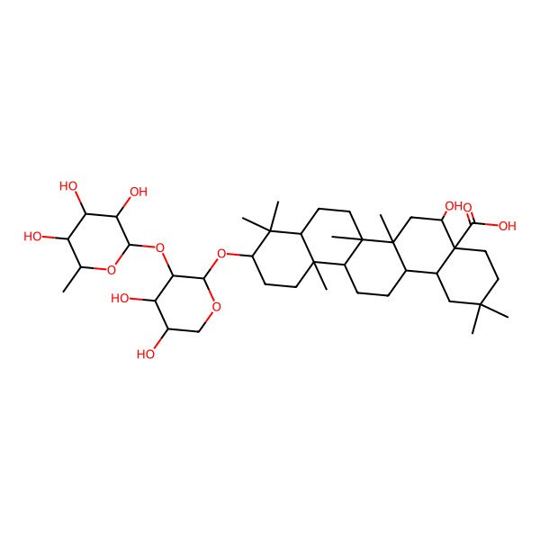 2D Structure of (4aR,5R,6aR,6aR,6bR,8aR,10R,12aR,14aR,14bS)-10-[(2S,3R,4S,5S)-4,5-dihydroxy-3-[(2S,3R,4R,5R,6S)-3,4,5-trihydroxy-6-methyloxan-2-yl]oxyoxan-2-yl]oxy-5-hydroxy-2,2,6a,6b,9,9,12a-heptamethyl-1,3,4,5,6,6a,7,8,8a,10,11,12,13,14,14a,14b-hexadecahydropicene-4a-carboxylic acid