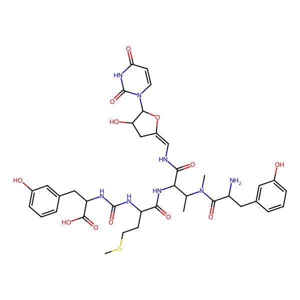 2D Structure of 2-[[1-[[(2R,3R)-3-[[2-amino-3-(3-hydroxyphenyl)propanoyl]-methylamino]-1-[[(Z)-[(4S,5S)-5-(2,4-dioxopyrimidin-1-yl)-4-hydroxyoxolan-2-ylidene]methyl]amino]-1-oxobutan-2-yl]amino]-4-methylsulfanyl-1-oxobutan-2-yl]carbamoylamino]-3-(3-hydroxyphenyl)propanoic acid