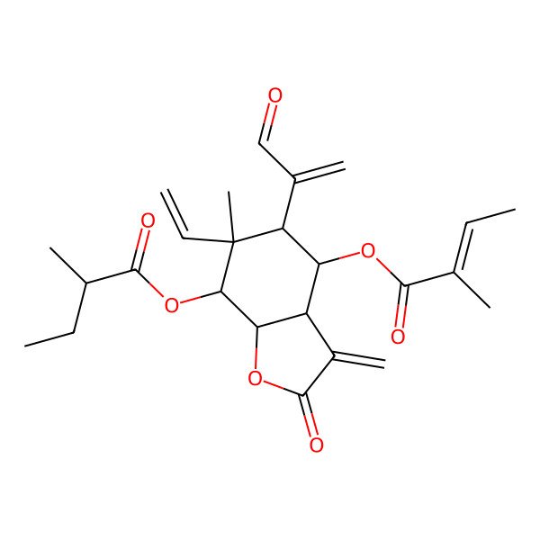 2D Structure of [6-ethenyl-6-methyl-4-(2-methylbut-2-enoyloxy)-3-methylidene-2-oxo-5-(3-oxoprop-1-en-2-yl)-4,5,7,7a-tetrahydro-3aH-1-benzofuran-7-yl] 2-methylbutanoate