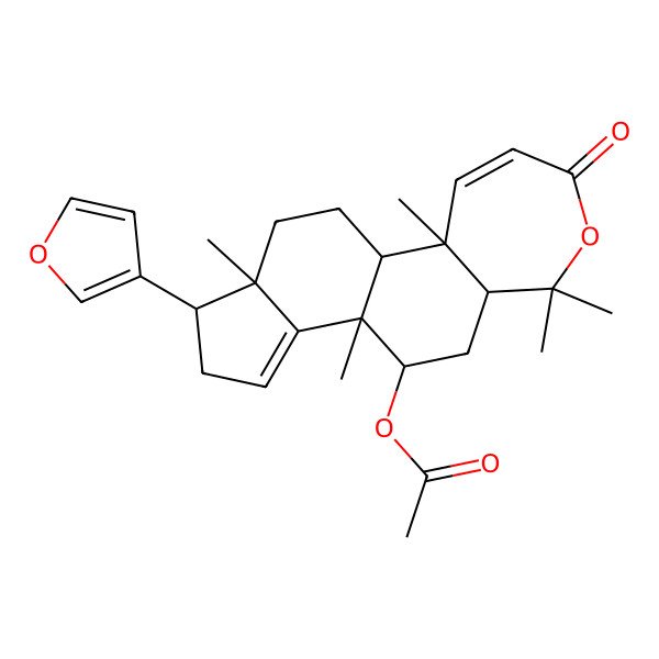 2D Structure of [(1R,3bR,4R,5aS,10aR,10bR,12aS)-1-(furan-3-yl)-3b,6,6,10a,12a-pentamethyl-8-oxo-1,2,4,5,5a,10b,11,12-octahydroindeno[5,4-g][2]benzoxepin-4-yl] acetate