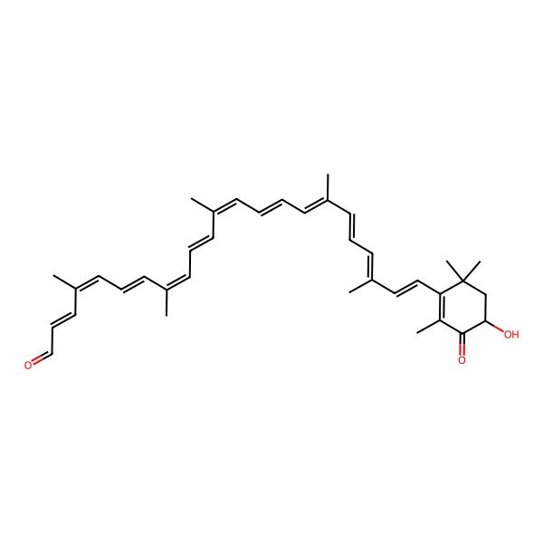 2D Structure of (2E,4E,6E,8E,10E,12E,14E,16E,18E,20E,22E)-23-[(4R)-4-hydroxy-2,6,6-trimethyl-3-oxocyclohexen-1-yl]-4,8,12,17,21-pentamethyltricosa-2,4,6,8,10,12,14,16,18,20,22-undecaenal