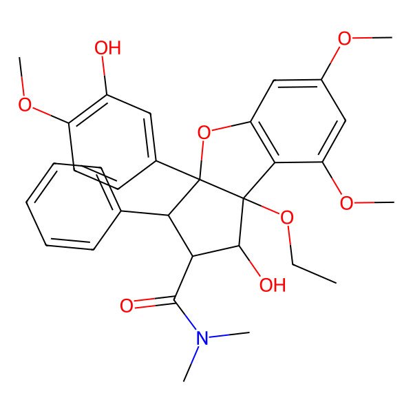 2D Structure of 8b-ethoxy-1-hydroxy-3a-(3-hydroxy-4-methoxyphenyl)-6,8-dimethoxy-N,N-dimethyl-3-phenyl-2,3-dihydro-1H-cyclopenta[b][1]benzofuran-2-carboxamide