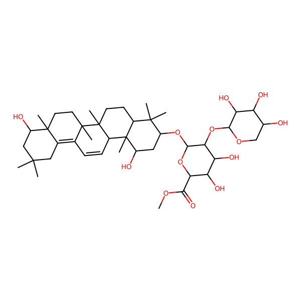 2D Structure of methyl (2S,3S,4S,5R,6R)-6-[[(1R,3S,4aS,6aR,6bS,8aR,9R,14aS,14bS)-1,9-dihydroxy-4,4,6a,6b,8a,11,11,14b-octamethyl-1,2,3,4a,5,6,7,8,9,10,12,14a-dodecahydropicen-3-yl]oxy]-3,4-dihydroxy-5-[(2S,3R,4S,5R)-3,4,5-trihydroxyoxan-2-yl]oxyoxane-2-carboxylate