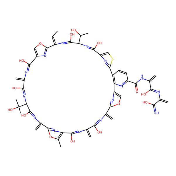 2D Structure of 2-[[(17E)-17-ethylidene-12,15,22,25,28,35,38-heptahydroxy-14-(1-hydroxyethyl)-27-(2-hydroxypropan-2-yl)-33-methyl-24,30,37,40-tetramethylidene-19,32,42-trioxa-9-thia-3,13,16,23,26,29,36,39,44,45,46,47-dodecazahexacyclo[39.2.1.18,11.118,21.131,34.02,7]heptatetraconta-1(43),2(7),3,5,8(47),10,12,15,18(46),20,22,25,28,31(45),33,35,38,41(44)-octadecaene-4-carbonyl]amino]-N-(3-hydroxy-3-iminoprop-1-en-2-yl)prop-2-enimidic acid