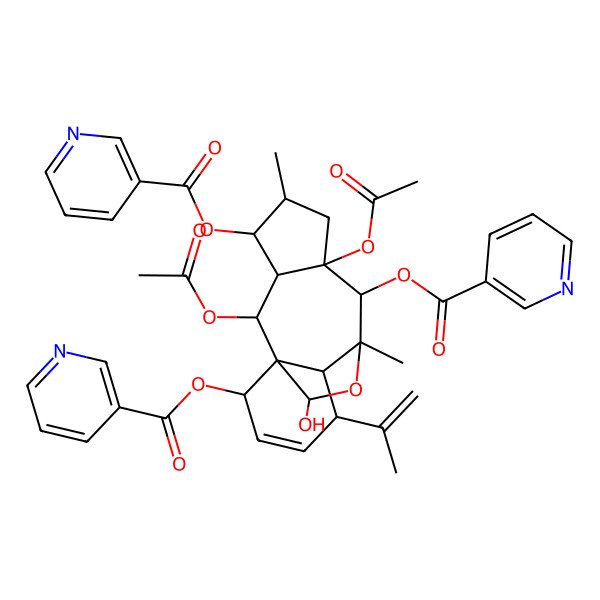 2D Structure of [(1R,2R,3R,4S,5S,7R,8R,9R,10R,11S,14R,15R)-2,7-diacetyloxy-15-hydroxy-5,9-dimethyl-11-prop-1-en-2-yl-4,8-bis(pyridine-3-carbonyloxy)-16-oxatetracyclo[7.5.2.01,10.03,7]hexadec-12-en-14-yl] pyridine-3-carboxylate