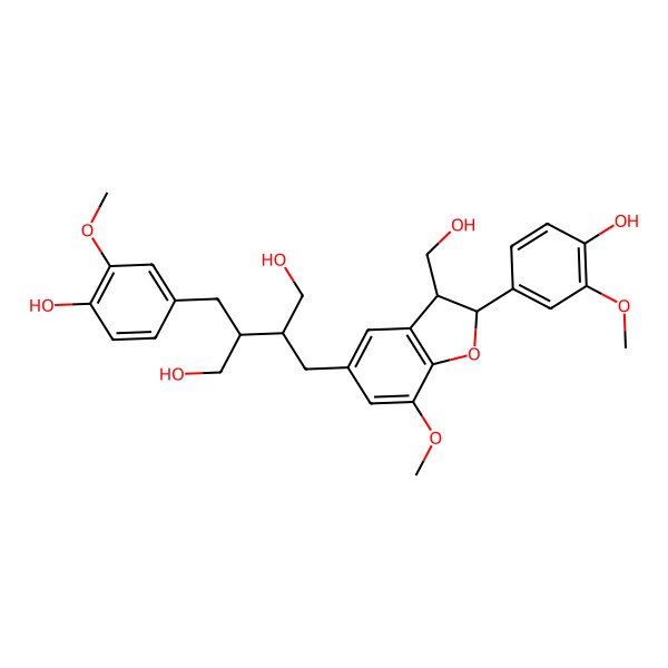 2D Structure of (2R,3R)-2-[[(2S,3R)-2-(4-hydroxy-3-methoxyphenyl)-3-(hydroxymethyl)-7-methoxy-2,3-dihydro-1-benzofuran-5-yl]methyl]-3-[(4-hydroxy-3-methoxyphenyl)methyl]butane-1,4-diol