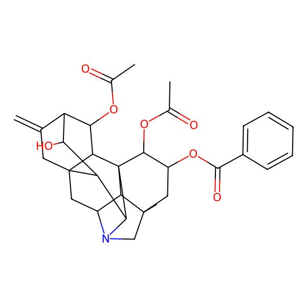 2D Structure of (2,19-Diacetyloxy-10-hydroxy-5-methyl-12-methylidene-7-azaheptacyclo[9.6.2.01,8.05,17.07,16.09,14.014,18]nonadecan-3-yl) benzoate