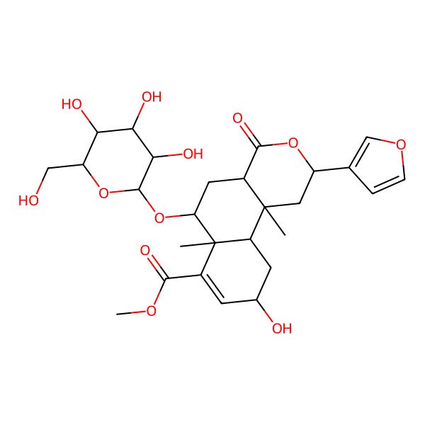 2D Structure of Methyl 2-(furan-3-yl)-9-hydroxy-6a,10b-dimethyl-4-oxo-6-[3,4,5-trihydroxy-6-(hydroxymethyl)oxan-2-yl]oxy-1,2,4a,5,6,9,10,10a-octahydrobenzo[f]isochromene-7-carboxylate