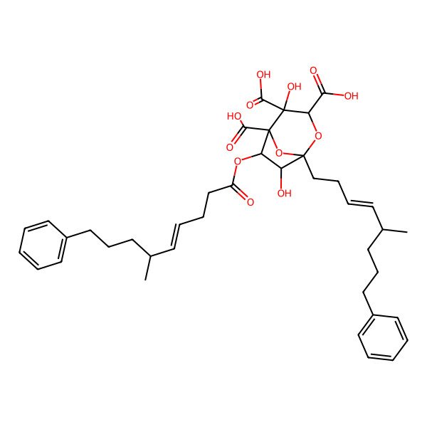 2D Structure of L-glycero-D-altro-Tridec-10-en-7-ulo-7,4-furanosonic acid, 2,7-anhydro-3,4-di-C-carboxy-8,9,10,11,12,13-hexadeoxy-12-(3-phenylpropyl)-, 5-[(4E)-6-methyl-9-phenyl-4-nonenoate], (7S,10E,12xi)-