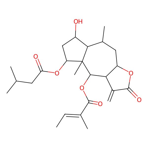 2D Structure of [6-hydroxy-5,8a-dimethyl-8-(3-methylbutanoyloxy)-1-methylidene-2-oxo-4,5,5a,6,7,8,9,9a-octahydro-3aH-azuleno[6,5-b]furan-9-yl] 2-methylbut-2-enoate