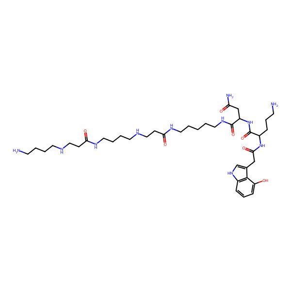 2D Structure of (2S)-N-[5-[3-[4-[3-(4-aminobutylamino)propanoylamino]butylamino]propanoylamino]pentyl]-2-[[(2S)-5-amino-2-[[2-(4-hydroxy-1H-indol-3-yl)acetyl]amino]pentanoyl]amino]butanediamide