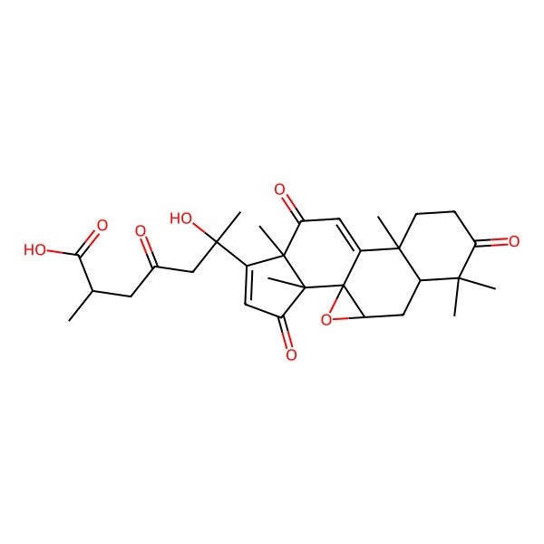 2D Structure of 6-Hydroxy-2-methyl-4-oxo-6-(6,6,10,14,18-pentamethyl-7,13,17-trioxo-2-oxapentacyclo[9.7.0.01,3.05,10.014,18]octadeca-11,15-dien-15-yl)heptanoic acid