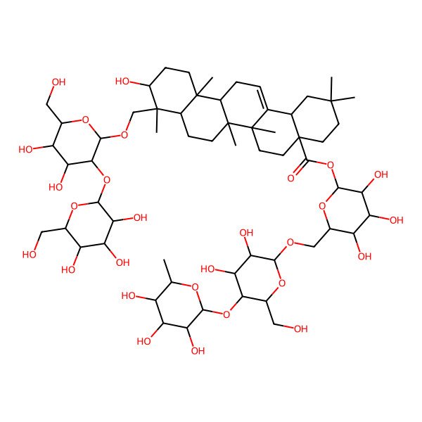 2D Structure of [(2S,3R,4S,5S,6R)-6-[[(2R,3R,4R,5S,6R)-3,4-dihydroxy-6-(hydroxymethyl)-5-[(2S,3R,4R,5R,6S)-3,4,5-trihydroxy-6-methyloxan-2-yl]oxyoxan-2-yl]oxymethyl]-3,4,5-trihydroxyoxan-2-yl] (4aS,6aR,6aS,6bR,8aR,9R,10S,12aR,14bS)-9-[[(2R,3R,4S,5S,6R)-4,5-dihydroxy-6-(hydroxymethyl)-3-[(2S,3R,4S,5S,6R)-3,4,5-trihydroxy-6-(hydroxymethyl)oxan-2-yl]oxyoxan-2-yl]oxymethyl]-10-hydroxy-2,2,6a,6b,9,12a-hexamethyl-1,3,4,5,6,6a,7,8,8a,10,11,12,13,14b-tetradecahydropicene-4a-carboxylate