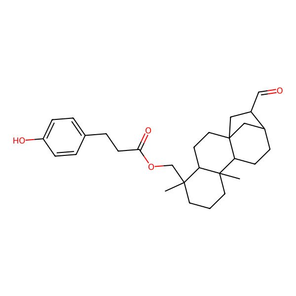 2D Structure of [(1S,4S,5R,9S,10R,13R,14R)-14-formyl-5,9-dimethyl-5-tetracyclo[11.2.1.01,10.04,9]hexadecanyl]methyl 3-(4-hydroxyphenyl)propanoate