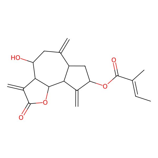 2D Structure of (4-Hydroxy-3,6,9-trimethylidene-2-oxo-3a,4,5,6a,7,8,9a,9b-octahydroazuleno[4,5-b]furan-8-yl) 2-methylbut-2-enoate