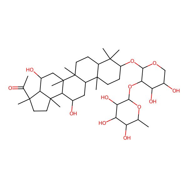 2D Structure of 1-[(3R,3aR,4S,5aR,5bR,7aR,9S,11aR,11bR,13R,13aR,13bR)-9-[(2R,3S,4S,5S)-4,5-dihydroxy-3-[(2S,3R,4R,5R,6S)-3,4,5-trihydroxy-6-methyloxan-2-yl]oxyoxan-2-yl]oxy-4,13-dihydroxy-3,5a,5b,8,8,11a,13b-heptamethyl-2,3a,4,5,6,7,7a,9,10,11,11b,12,13,13a-tetradecahydro-1H-cyclopenta[a]chrysen-3-yl]ethanone