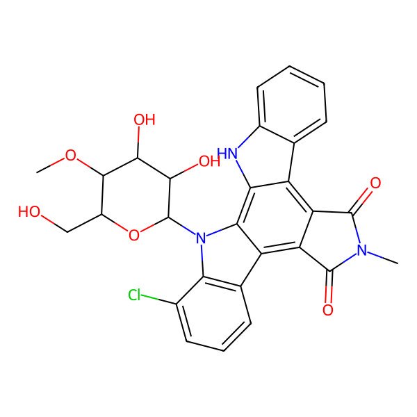 2D Structure of 5-Chloro-3-[3,4-dihydroxy-6-(hydroxymethyl)-5-methoxyoxan-2-yl]-13-methyl-3,13,23-triazahexacyclo[14.7.0.02,10.04,9.011,15.017,22]tricosa-1,4(9),5,7,10,15,17,19,21-nonaene-12,14-dione