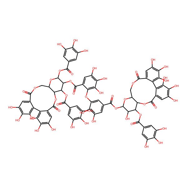 2D Structure of [3,4,5,21,22,23-Hexahydroxy-8,18-dioxo-11,13-bis[(3,4,5-trihydroxybenzoyl)oxy]-9,14,17-trioxatetracyclo[17.4.0.02,7.010,15]tricosa-1(23),2,4,6,19,21-hexaen-12-yl] 2-[5-[[3,4,5,12,21,22,23-heptahydroxy-8,18-dioxo-11-(3,4,5-trihydroxybenzoyl)oxy-9,14,17-trioxatetracyclo[17.4.0.02,7.010,15]tricosa-1(23),2,4,6,19,21-hexaen-13-yl]oxycarbonyl]-2,3-dihydroxyphenoxy]-3,4,5-trihydroxybenzoate