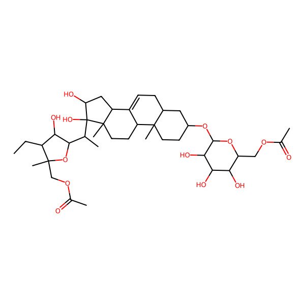 2D Structure of [6-[[17-[1-[5-(Acetyloxymethyl)-4-ethyl-3-hydroxy-5-methyloxolan-2-yl]ethyl]-16,17-dihydroxy-10,13-dimethyl-1,2,3,4,5,6,9,11,12,14,15,16-dodecahydrocyclopenta[a]phenanthren-3-yl]oxy]-3,4,5-trihydroxyoxan-2-yl]methyl acetate
