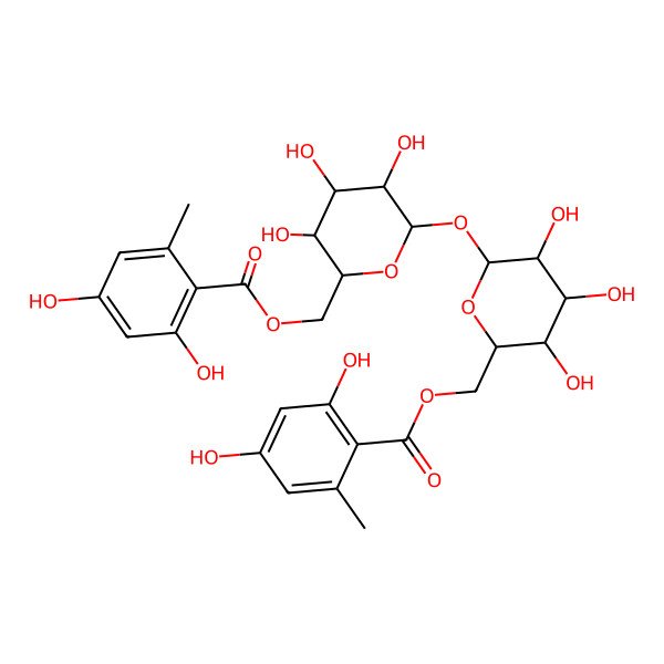 2D Structure of [(2R,3R,4S,5R,6R)-6-[(2R,3R,4S,5R,6R)-6-[(2,4-dihydroxy-6-methylbenzoyl)oxymethyl]-3,4,5-trihydroxyoxan-2-yl]oxy-3,4,5-trihydroxyoxan-2-yl]methyl 2,4-dihydroxy-6-methylbenzoate