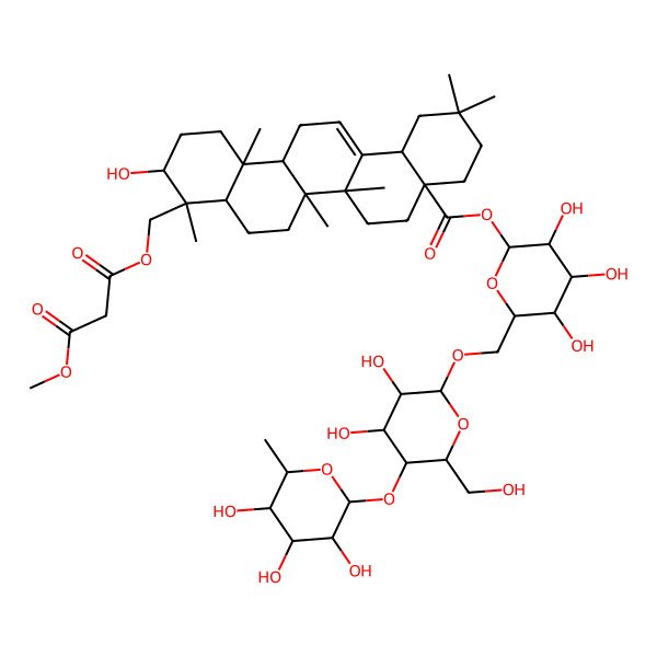 2D Structure of 3-O-[[(3S,4R,6aR,6bS,8aS,14bR)-8a-[(2S,3R,4S,5S,6R)-6-[[(2R,3R,4R,5S,6R)-3,4-dihydroxy-6-(hydroxymethyl)-5-[(2S,3R,4R,5R,6S)-3,4,5-trihydroxy-6-methyloxan-2-yl]oxyoxan-2-yl]oxymethyl]-3,4,5-trihydroxyoxan-2-yl]oxycarbonyl-3-hydroxy-4,6a,6b,11,11,14b-hexamethyl-1,2,3,4a,5,6,7,8,9,10,12,12a,14,14a-tetradecahydropicen-4-yl]methyl] 1-O-methyl propanedioate