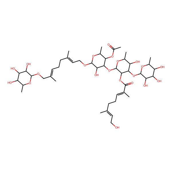 2D Structure of [2-[5-Acetyloxy-2-[3,7-dimethyl-8-(3,4,5-trihydroxy-6-methyloxan-2-yl)oxyocta-2,6-dienoxy]-3-hydroxy-6-methyloxan-4-yl]oxy-5-hydroxy-6-methyl-4-(3,4,5-trihydroxy-6-methyloxan-2-yl)oxyoxan-3-yl] 8-hydroxy-2,6-dimethylocta-2,6-dienoate