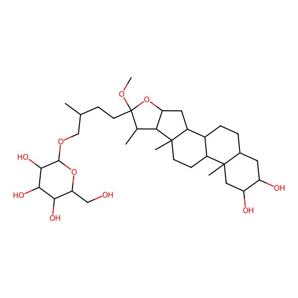 2D Structure of (2R,3R,4S,5S,6R)-2-[(2R)-4-[(1R,2S,4S,6S,7S,8R,9S,12S,13S,15R,16R,18S)-15,16-dihydroxy-6-methoxy-7,9,13-trimethyl-5-oxapentacyclo[10.8.0.02,9.04,8.013,18]icosan-6-yl]-2-methylbutoxy]-6-(hydroxymethyl)oxane-3,4,5-triol