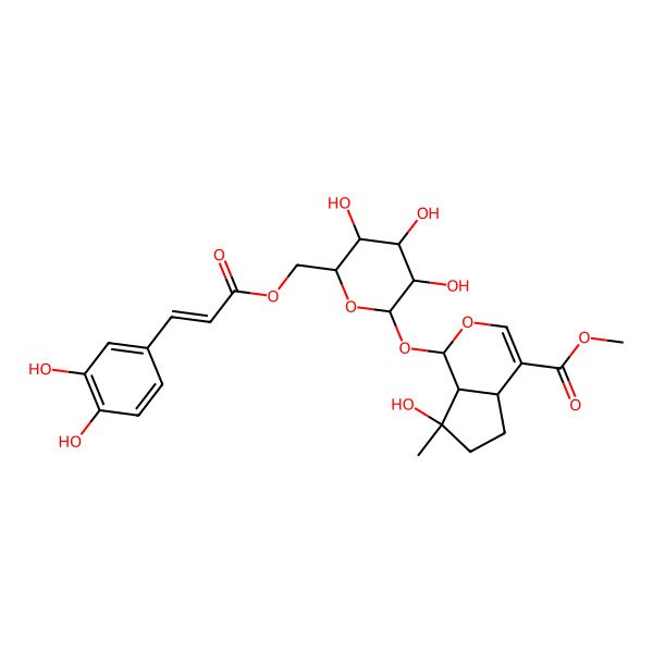 2D Structure of methyl 1-[6-[3-(3,4-dihydroxyphenyl)prop-2-enoyloxymethyl]-3,4,5-trihydroxyoxan-2-yl]oxy-7-hydroxy-7-methyl-4a,5,6,7a-tetrahydro-1H-cyclopenta[c]pyran-4-carboxylate