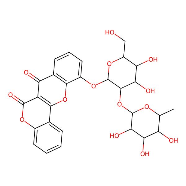 2D Structure of 11-[(2S,3R,4S,5S,6R)-4,5-dihydroxy-6-(hydroxymethyl)-3-[(2S,3R,4R,5R,6S)-3,4,5-trihydroxy-6-methyloxan-2-yl]oxyoxan-2-yl]oxychromeno[4,3-b]chromene-6,7-dione