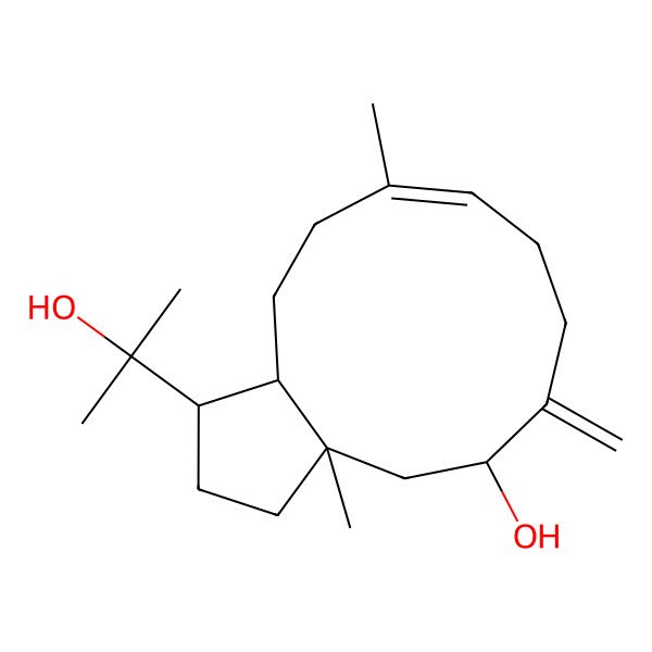 2D Structure of (1R,3aR,5R,9E,12aS)-1-(2-hydroxypropan-2-yl)-3a,10-dimethyl-6-methylidene-1,2,3,4,5,7,8,11,12,12a-decahydrocyclopenta[11]annulen-5-ol