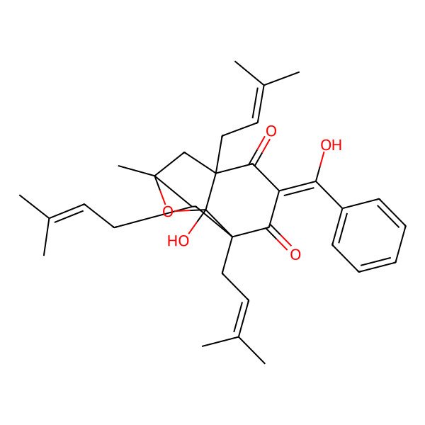 2D Structure of (1S,2R,4R,6Z,8S,9R)-9-hydroxy-6-[hydroxy(phenyl)methylidene]-1-methyl-2,4,8-tris(3-methylbut-2-enyl)-10-oxatricyclo[6.2.1.04,9]undecane-5,7-dione