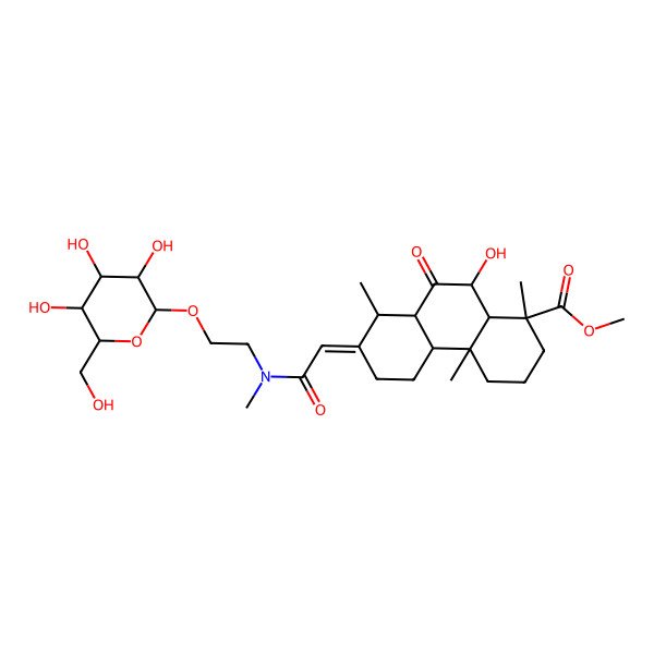 2D Structure of methyl (1S,4aR,4bS,7E,8R,8aS,10R,10aR)-10-hydroxy-1,4a,8-trimethyl-7-[2-[methyl-[2-[(2R,3R,4S,5R,6R)-3,4,5-trihydroxy-6-(hydroxymethyl)oxan-2-yl]oxyethyl]amino]-2-oxoethylidene]-9-oxo-2,3,4,4b,5,6,8,8a,10,10a-decahydrophenanthrene-1-carboxylate