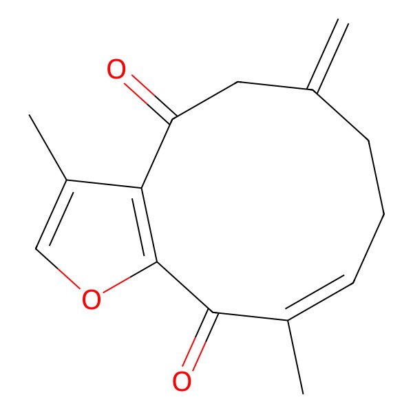 2D Structure of (9E)-3,10-dimethyl-6-methylidene-7,8-dihydrocyclodeca[b]furan-4,11-dione