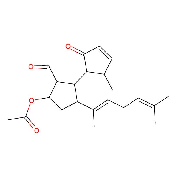 2D Structure of [(1R,2S,3R,4R)-2-formyl-4-[(2Z)-6-methylhepta-2,5-dien-2-yl]-3-[(1S,2R)-2-methyl-5-oxocyclopent-3-en-1-yl]cyclopentyl] acetate