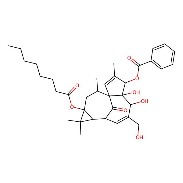 2D Structure of [5,6-Dihydroxy-7-(hydroxymethyl)-3,11,11,14-tetramethyl-12-octanoyloxy-15-oxo-4-tetracyclo[7.5.1.01,5.010,12]pentadeca-2,7-dienyl] benzoate