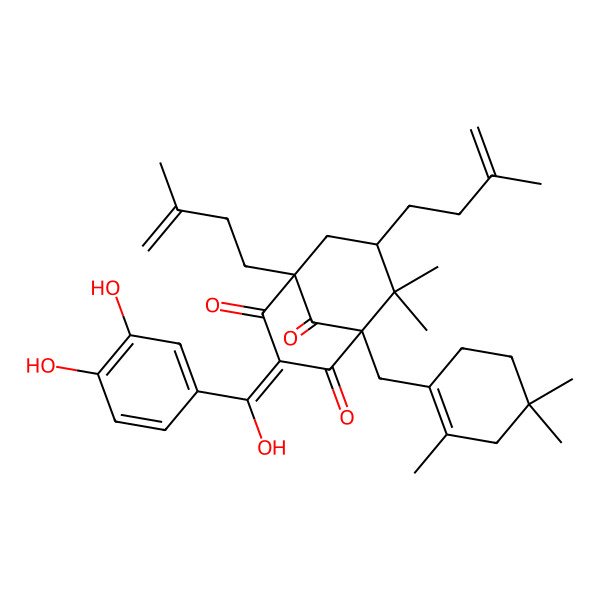 2D Structure of (1R,5S,7S)-3-[(3,4-dihydroxyphenyl)-hydroxymethylidene]-6,6-dimethyl-1,7-bis(3-methylbut-3-enyl)-5-[(2,4,4-trimethylcyclohexen-1-yl)methyl]bicyclo[3.3.1]nonane-2,4,9-trione