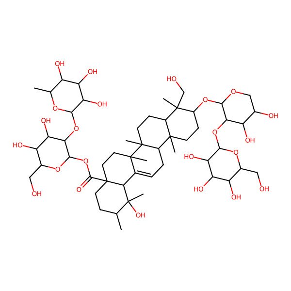 2D Structure of [4,5-Dihydroxy-6-(hydroxymethyl)-3-(3,4,5-trihydroxy-6-methyloxan-2-yl)oxyoxan-2-yl] 10-[4,5-dihydroxy-3-[3,4,5-trihydroxy-6-(hydroxymethyl)oxan-2-yl]oxyoxan-2-yl]oxy-1-hydroxy-9-(hydroxymethyl)-1,2,6a,6b,9,12a-hexamethyl-2,3,4,5,6,6a,7,8,8a,10,11,12,13,14b-tetradecahydropicene-4a-carboxylate
