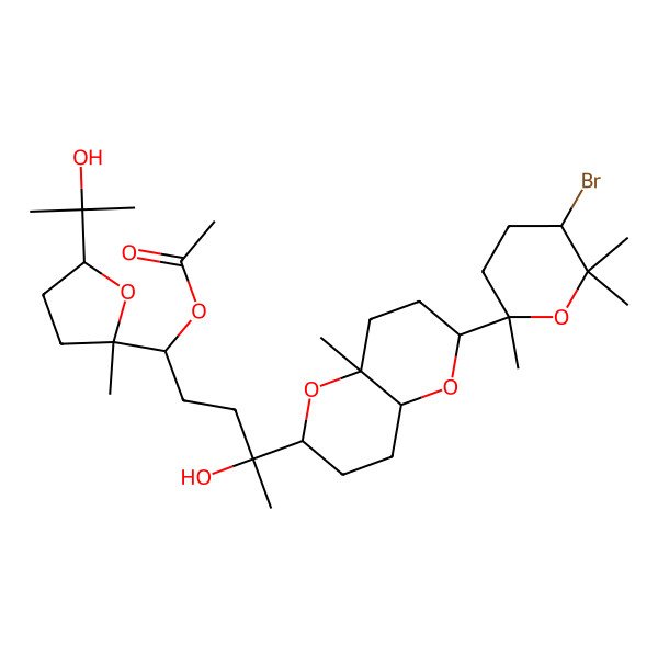 2D Structure of [(1R,4S)-4-[(2S,4aR,8aS)-2-[(2R)-5-bromo-2,6,6-trimethyloxan-2-yl]-4a-methyl-3,4,6,7,8,8a-hexahydro-2H-pyrano[3,2-b]pyran-6-yl]-4-hydroxy-1-[(2R,5R)-5-(2-hydroxypropan-2-yl)-2-methyloxolan-2-yl]pentyl] acetate