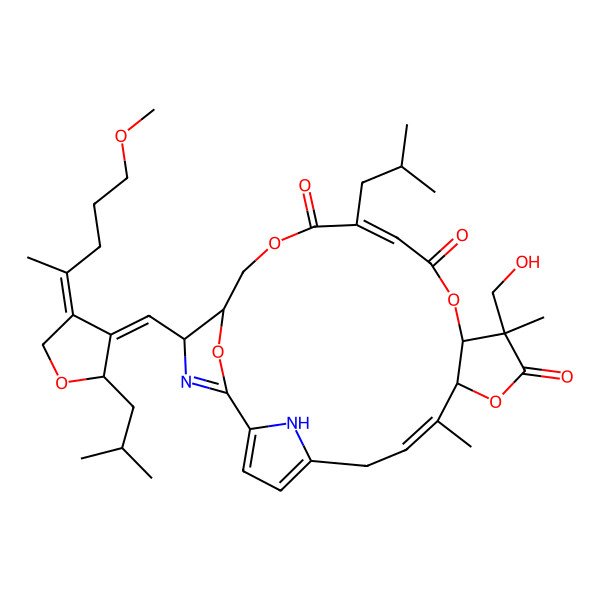 2D Structure of (7E,9R,12R,13R,16E,21R,22S)-12-(hydroxymethyl)-22-[(Z)-[(2R,4Z)-4-(5-methoxypentan-2-ylidene)-2-(2-methylpropyl)oxolan-3-ylidene]methyl]-8,12-dimethyl-17-(2-methylpropyl)-10,14,19,24-tetraoxa-23,25-diazatetracyclo[19.2.1.12,5.09,13]pentacosa-1(23),2,4,7,16-pentaene-11,15,18-trione