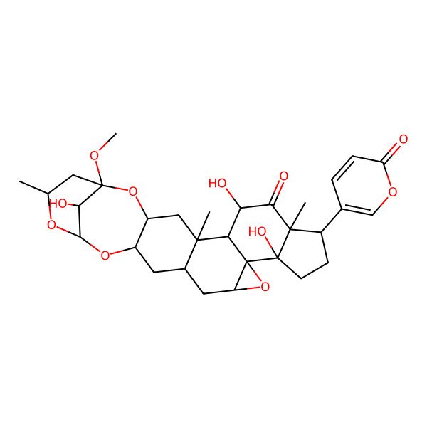 2D Structure of (1S,3R,5S,6S,7S,9R,10R,13R,14R,16S,18R,20R,22S,24S,26S)-7,13,26-trihydroxy-1-methoxy-5,9,24-trimethyl-10-(6-oxopyran-3-yl)-2,15,21,23-tetraoxaheptacyclo[20.3.1.03,20.05,18.06,14.09,13.014,16]hexacosan-8-one