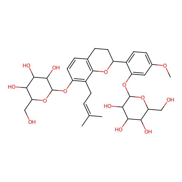 2D Structure of (2R,3S,4S,5R,6S)-2-(hydroxymethyl)-6-[[(2S)-2-[4-methoxy-2-[(2S,3R,4S,5S,6R)-3,4,5-trihydroxy-6-(hydroxymethyl)oxan-2-yl]oxyphenyl]-8-(3-methylbut-2-enyl)-3,4-dihydro-2H-chromen-7-yl]oxy]oxane-3,4,5-triol