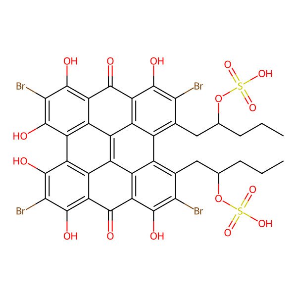 2D Structure of [(2R)-1-[6,12,17,23-tetrabromo-7,11,13,16,18,22-hexahydroxy-9,20-dioxo-24-[(2R)-2-sulfooxypentyl]-5-octacyclo[13.11.1.12,10.03,8.04,25.019,27.021,26.014,28]octacosa-1,3(8),4,6,10,12,14(28),15(27),16,18,21(26),22,24-tridecaenyl]pentan-2-yl] hydrogen sulfate