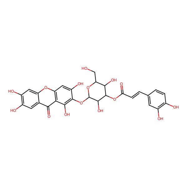 2D Structure of [(2R,3R,4S,5R,6S)-3,5-dihydroxy-2-(hydroxymethyl)-6-(1,3,6,7-tetrahydroxy-9-oxoxanthen-2-yl)oxyoxan-4-yl] (E)-3-(3,4-dihydroxyphenyl)prop-2-enoate