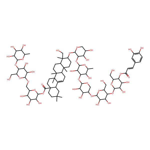2D Structure of [(2S,3R,4S,5S,6R)-6-[[(2R,3R,4R,5S,6R)-3,4-dihydroxy-6-(hydroxymethyl)-5-[(2S,3R,4R,5R,6S)-3,4,5-trihydroxy-6-methyloxan-2-yl]oxyoxan-2-yl]oxymethyl]-3,4,5-trihydroxyoxan-2-yl] (4aS,6aR,6aS,6bR,8aR,9R,10S,12aR,14bS)-10-[(2S,3R,4S,5S)-3-[(2S,3R,4R,5S,6S)-4-[(2S,3R,4S,5R)-5-[(2R,3R,4R,5S,6R)-5-[(2S,3R,4R,5S,6R)-5-[(E)-3-(3,4-dihydroxyphenyl)prop-2-enoyl]oxy-3,4-dihydroxy-6-(hydroxymethyl)oxan-2-yl]oxy-3,4-dihydroxy-6-(hydroxymethyl)oxan-2-yl]oxy-3,4-dihydroxyoxan-2-yl]oxy-3,5-dihydroxy-6-methyloxan-2-yl]oxy-4,5-dihydroxyoxan-2-yl]oxy-9-(hydroxymethyl)-2,2,6a,6b,9,12a-hexamethyl-1,3,4,5,6,6a,7,8,8a,10,11,12,13,14b-tetradecahydropicene-4a-carboxylate