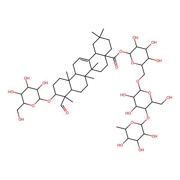 2D Structure of [(2S,3R,4S,5S,6R)-6-[[(2R,3R,4S,5S,6R)-3,4-dihydroxy-6-(hydroxymethyl)-5-[(2S,3R,4R,5R,6S)-3,4,5-trihydroxy-6-methyloxan-2-yl]oxyoxan-2-yl]oxymethyl]-3,4,5-trihydroxyoxan-2-yl] (4aS,6aR,6aS,6bR,8aR,9R,10S,12aS,14bS)-9-formyl-2,2,6a,6b,9,12a-hexamethyl-10-[(2R,3R,4S,5S,6R)-3,4,5-trihydroxy-6-(hydroxymethyl)oxan-2-yl]oxy-1,3,4,5,6,6a,7,8,8a,10,11,12,13,14b-tetradecahydropicene-4a-carboxylate