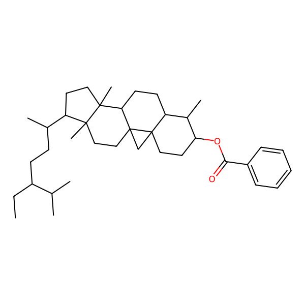 2D Structure of [(1R,3R,6S,7S,8R,11R,12S,15R,16R)-15-[(2R,5R)-5-ethyl-6-methylheptan-2-yl]-7,12,16-trimethyl-6-pentacyclo[9.7.0.01,3.03,8.012,16]octadecanyl] benzoate